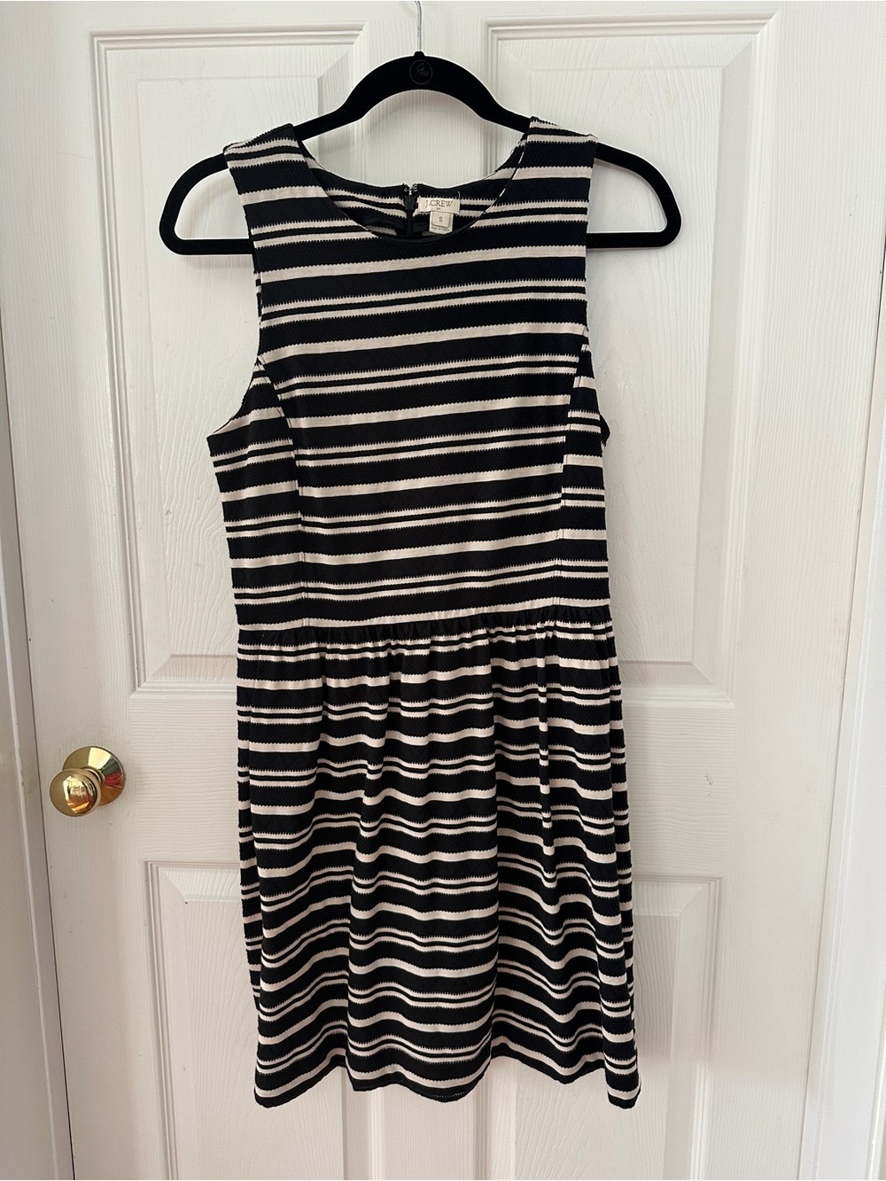 J. Crew Black and White Striped Sleeveless Fit-and-Flare Dress